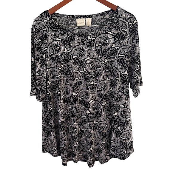 Chico's Women's Stretch Swing Tunic Top Size 2 US Large Black Swirl on White - Picture 1 of 7